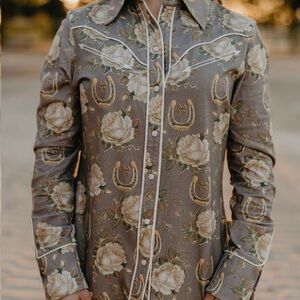 Rodeo Quincy Lucky Belle Button Up- Floral Button Down Shirt - Gray